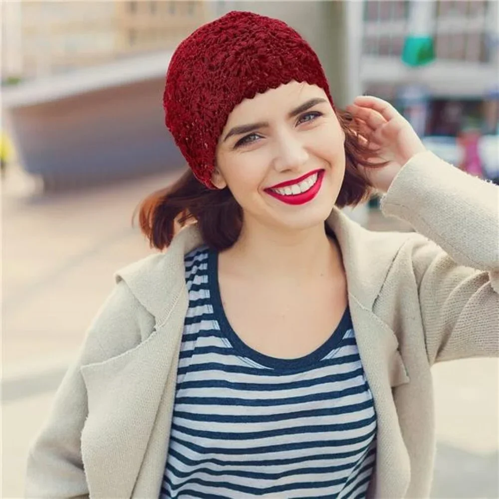 2 Pieces Floral Crochet Slouchy Beanie Hat Handmade Knit Cutout Women Floral - Picture 6 of 8